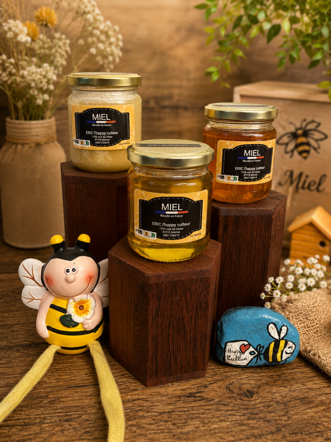 Trio de pots de miel artisanal français